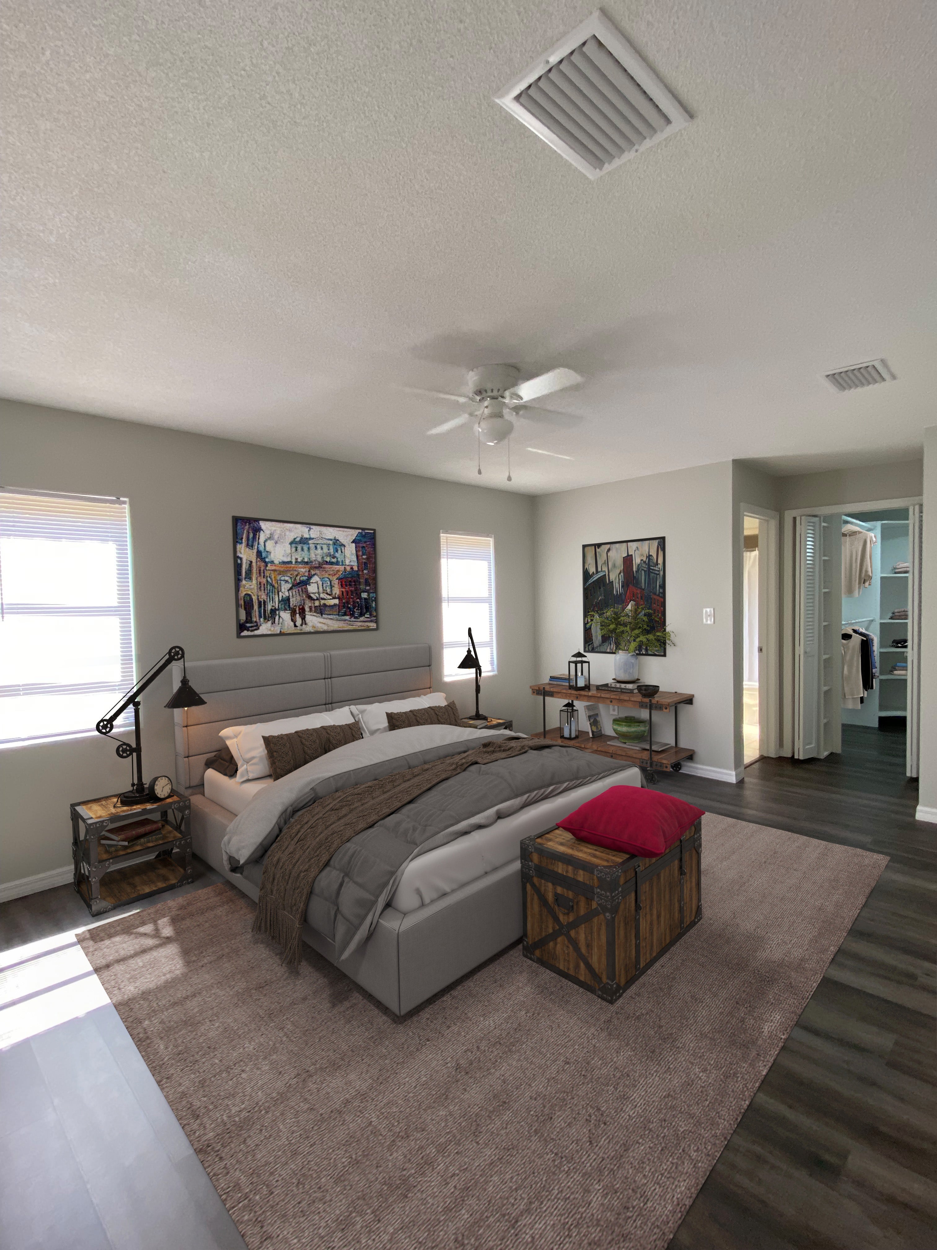 Ample sized bedroom with private bath. walk-in closet and views of this expansive property